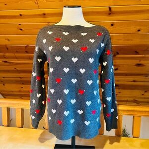 Loft Valentine's Heart Patterned Gray Long Sleeve Boatneck Sweater Size M